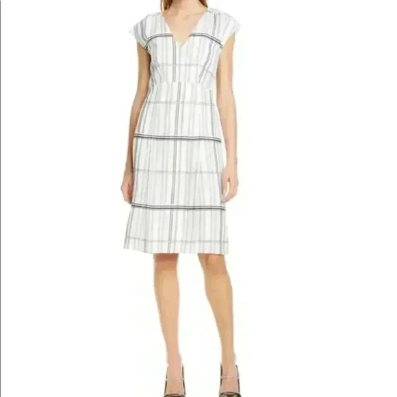 NWOT Lewit Linen Blend Grid Cap Sleeve Midi Dress - Picture 1 of 9
